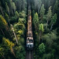 Aerial View of Rusty Train in Untamed Forest. Generative ai. photo