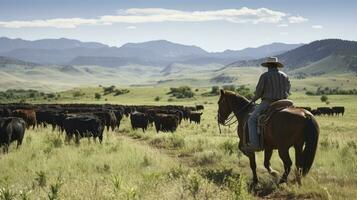 vaquero y corcel en unísono con angus rebaño. generativo ai foto