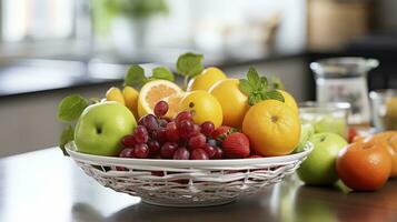 iluminado por el sol cocina. un vibrante cesta de Fresco frutas generativo ai foto