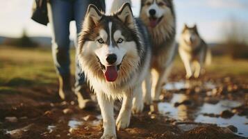 A Couple and Their Husky, Weaving Memories on Every Path They Tread. Generative AI photo