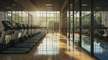 Complete Fitness. Treadmills, Bikes, and Pool in Modern Gym. Generative AI photo