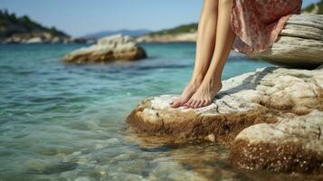 Close up of young woman's feet on at Stone beach, and turquoise water. Generative AI photo