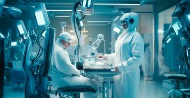 hospital de el futuro, ciber doctor, avanzado moderno cyberpunk tecnologías - ai generado imagen foto