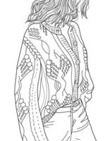 Sketch for adult coloring book. Vector illustration, beautiful girl in sweater. Black and white, Vector illustration. Design for decoration, sticker, pattern, and more. Fashion coloring pages