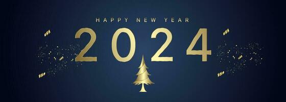 contento nuevo año 2024 firmar y bandera concepto diseño, con oro cintas en oscuro degradado azul antecedentes vector