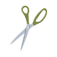 Open stationery scissors. Sharp green metal scissors for flat style haircuts. Garden scissors for cutting in hand drawn style. Vector stock illustration on isolated white background.