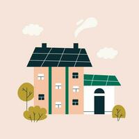Cute apartment house. Country cottage among trees in Scandinavian style. Colorful cozy buildings with smoke from a chimney in flat style. Vector stock illustration.