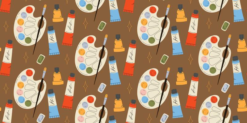 Seamless pattern with Palette, paints and brushes