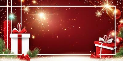alegre Navidad y nuevo año rojo fiesta antecedentes con regalo cajas, abeto sucursales, cintas, decoración, destellos, papel picado, Bokeh, ligero. Navidad tarjeta. vector ilustración, realista vector foto