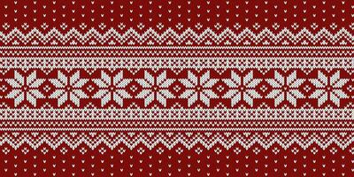 Christmas sweater knitted pattern, white ornament on red background. Vector design.