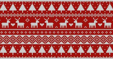 Christmas sweater knitted pattern with deer and trees. White ornament on red background. Vector design.