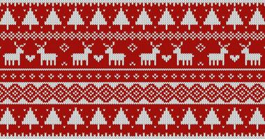 Christmas sweater knitted pattern with deer and trees. White ornament on red background. Vector design.