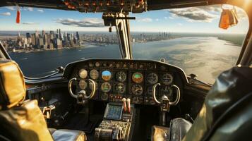 Cockpit view of a flight over Clear sea. Generative AI photo