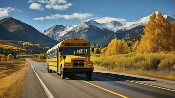 School Bus Journey through Autumn's Rocky Mountains. Generative AI photo