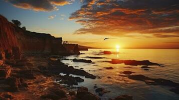 Reflective Calm. Tranquil sunset scenery at the ocean with the sunlight reflected on the water, a flying bird and the rocky coast. Generative AI photo