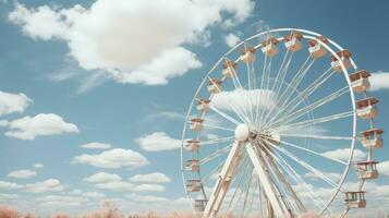 A Majestic Ferris Wheel Standing Tall, Its Gondolas Piercing Through a Sky Dappled with Fluffy Clouds. Generative AI photo