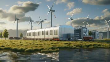 Innovative Energy - Hydrogen Storage Compartment, Wind Turbines, Solar Panels On Seacoast. Energy Storage System. Generative AI photo