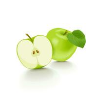 Ripe green apple fruit with apple half and green leaf isolated on white background. vector