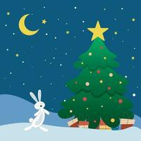 Bunny stands at New Year tree with gifts at night vector