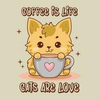 Cat with Coffee Retro Tshirt Design Vector Illustration