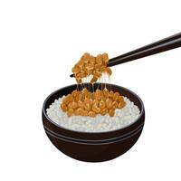 Vector illustration, rice with natto in a bowl, natto is soy beans fermented with Bacillus subtilis, isolated on white background.