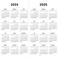 Calendar 2024 and Calendar 2025 template design. Design for plan note, agenda, office annual schedule, business, daily vector