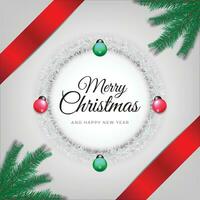 Merry Christmas an Happy New Year Greeting Vector Illustration with Tree Branches, Balls, an Diagonal Ribbons on White Background