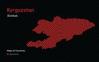 Isolated abstract spiral vector hatched map of Kyrgyzstan on a black background, identifying its capital city, Bishkek. Spiral fingerprint series