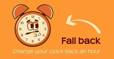 Groovy style clock character. Fall back. Daylight saving time end. vector