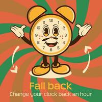 Groovy style clock character. Fall back. Daylight saving time end. 60s 70s retro vintage vector