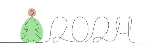 2024 numbers with Christmas pine tree in outline, one line style. Happy New Year. Green and red. Vector illustration.