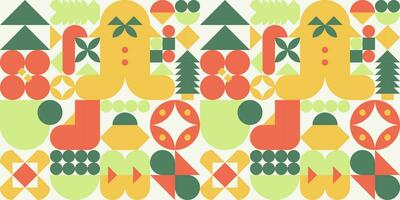 Geometric seamless winter pattern. Christmas trees, sock, gingerbread, decorations, candy cane in scandinavian, bauhaus style. Trendy colored pattern for textiles and wallpapers. New year. vector