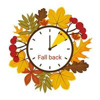 Daylight saving time ends. Fall back change clocks. Vector illustration with a clock turning an hour back. Clocks in a frame of autumn orange foliage.