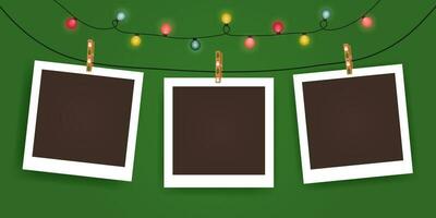 Set of empty photo frame mockup with christmas lights, pimple, christmas tree, snowman. Black and white photo frame template with shadows. Realistic blank frame vector on green background. New year.