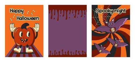 Halloween retro event poster set with funny groovy mascots. Fall season. Pumpkin, bones, web, bat. Groovy autumn poster print template. Vector vintage cartoon style illustrations