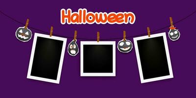 Set of instant photo frame mockups with shadows. Photo album template. Empty image for memory Halloween. Spooky, scary, horror, fear, pumpkin, face. Realistic blank frame vector on violet background.