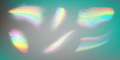 Vector illustration of abstract blurred iridescent light backdrop. Set of rainbow light prism effect. Hologram reflection, crystal flare leak shadow overlay.