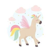 Unicorn among clouds and stars childrens fairy tale characters. Flat cartoon vector illustration