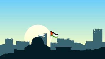 Palestine conflict vector illustration. Silhouette of al aqsa mosque and destroyed building in the morning. Palestine illustration of war for social issues, news or conflict