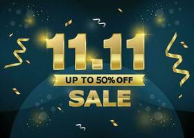 11.11 Shopping festival sale banner with gold element on dark background. Mega deals year-end grand sale mega sale banner. 11.11 discount sale day shopping festival banner sale background vector