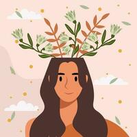 plano diseño vector ilustración concepto de mujer con flores en su cabeza.