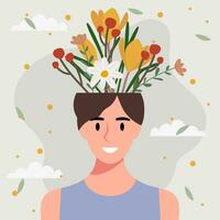 plano diseño vector ilustración concepto de mujer con flores en su cabeza.