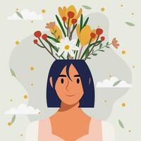 plano diseño vector ilustración concepto de mujer con flores en su cabeza.