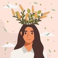 plano diseño vector ilustración concepto de mujer con flores en su cabeza.