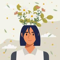 Flat design vector illustration concept of woman with flowers in her head.