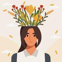 plano diseño vector ilustración concepto de mujer con flores en su cabeza.