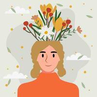 plano diseño vector ilustración concepto de mujer con flores en su cabeza.