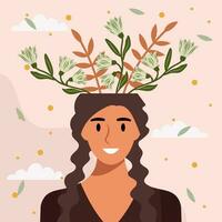 plano diseño vector ilustración concepto de mujer con flores en su cabeza.