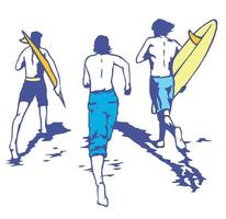 Colorful vector illustration stripped of imaginary characters in cartoon style of surfers running on the beach towards the waves.