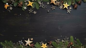 Christmas or New Year dark background, Xmas black board framed with season decorations photo